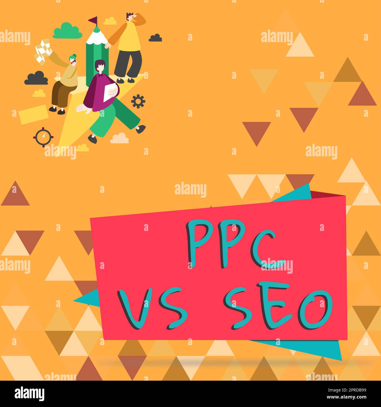 Segno di scrittura a mano PPC vs Seo. Internet Concept Pay per Click rispetto alle strategie di ottimizzazione dei motori di ricerca tre dipendenti che lavorano assegnazioni separate nei cloud. Foto Stock