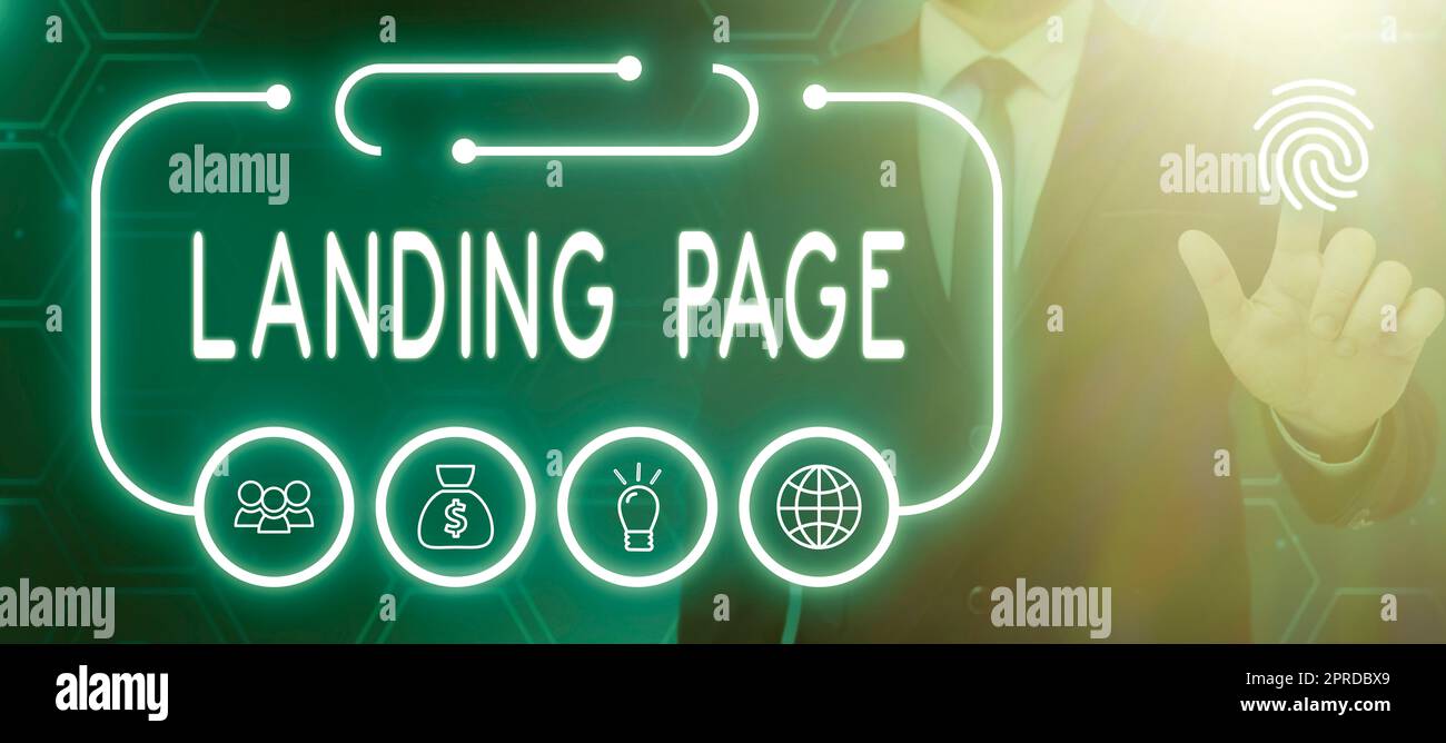 Ispirazione per mostrare il segno Landing Page. Internet Concept Website accessibile facendo clic su un link su un'altra pagina web uomo d'affari che punta sulle impronte digitali e altri segni e dati digitali. Foto Stock