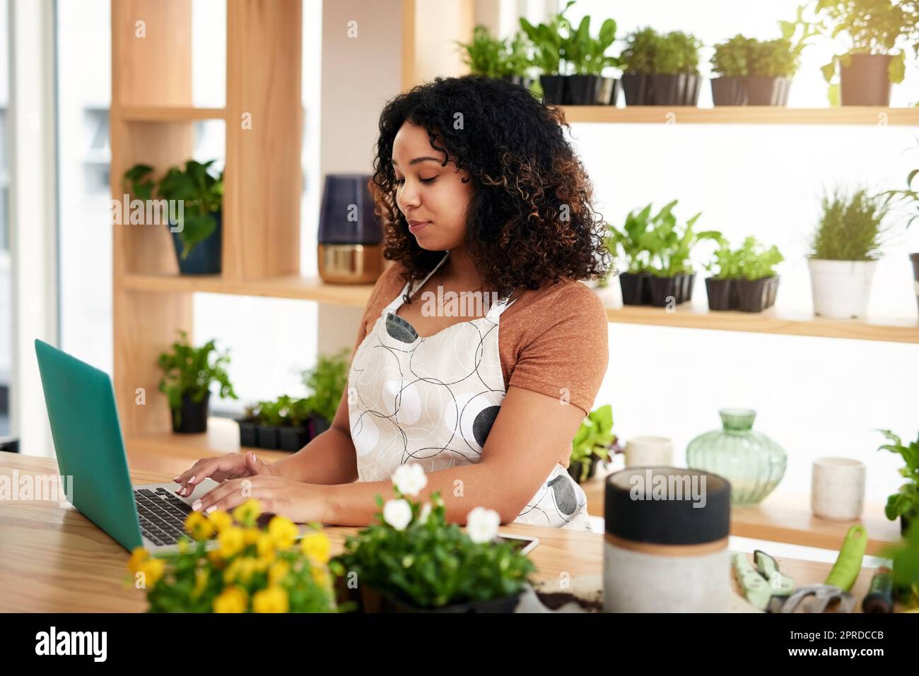 Aggiungere ordini al suo foglio di calcolo. Una giovane botanista femminile attraente che lavora su un notebook nel suo fiorista. Foto Stock