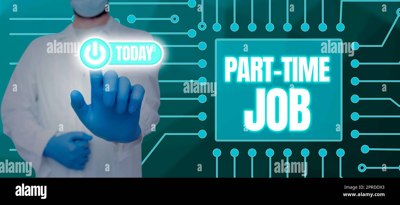 Lavoro part-time testo calligrafia. Word Written sul lavoro di poche ore al giorno Temporary Work Limited sposta un uomo d'affari con simboli freccia in mano e presenta idee importanti. Foto Stock