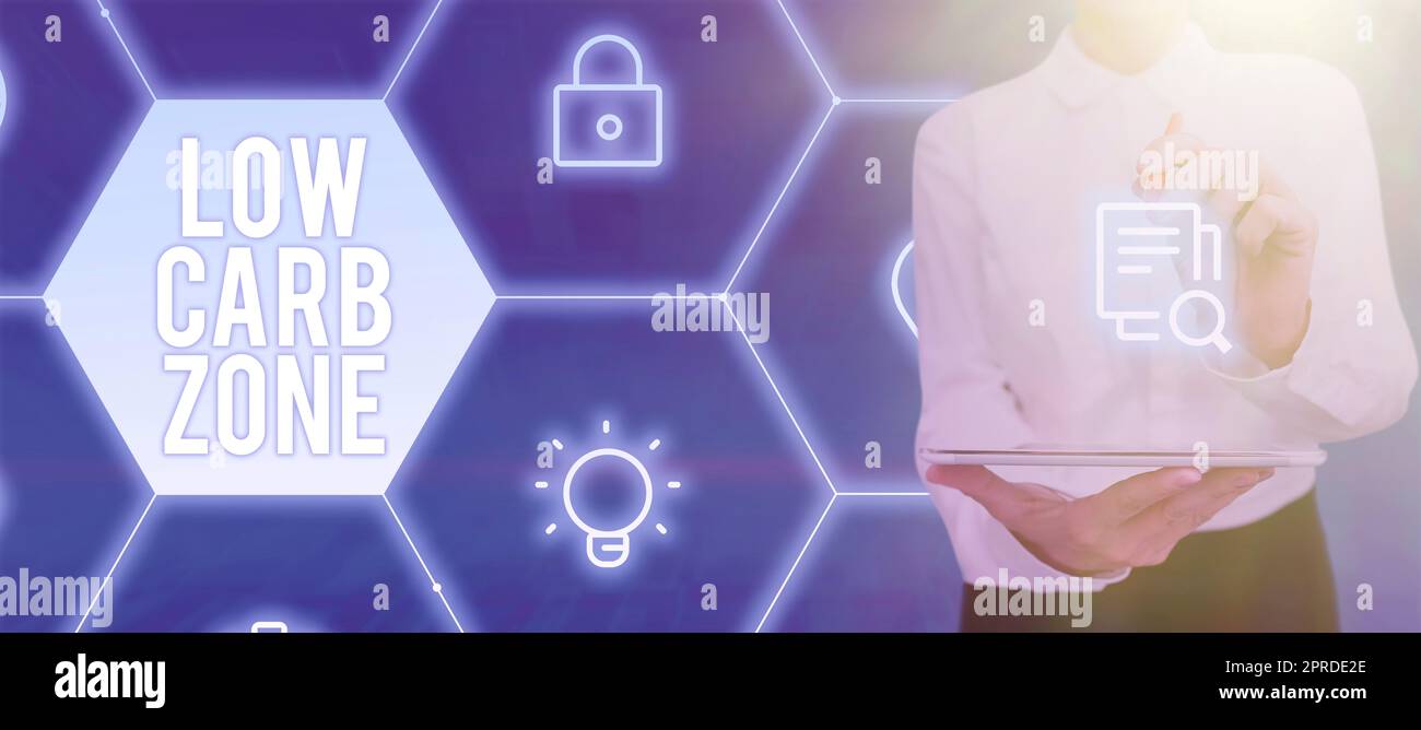 Scrittura visualizzazione del testo zona basso Carb. Idea di business dieta sana per perdere peso mangiare più proteine uomo d'affari senza zucchero in tuta tenere la palma aperta simboleggiando il successo del lavoro di squadra. Foto Stock