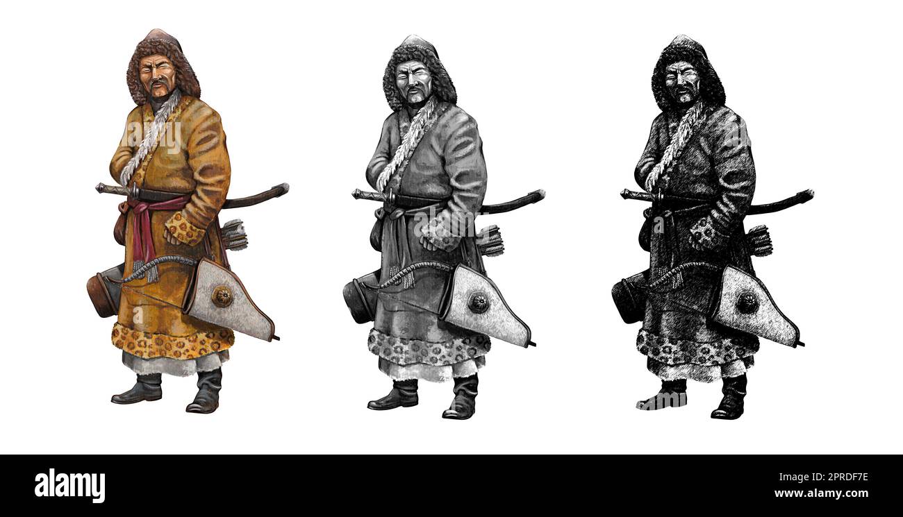 Guerriero mongolo, esercito di Genghis Khan. Illustrazione storica. Foto Stock