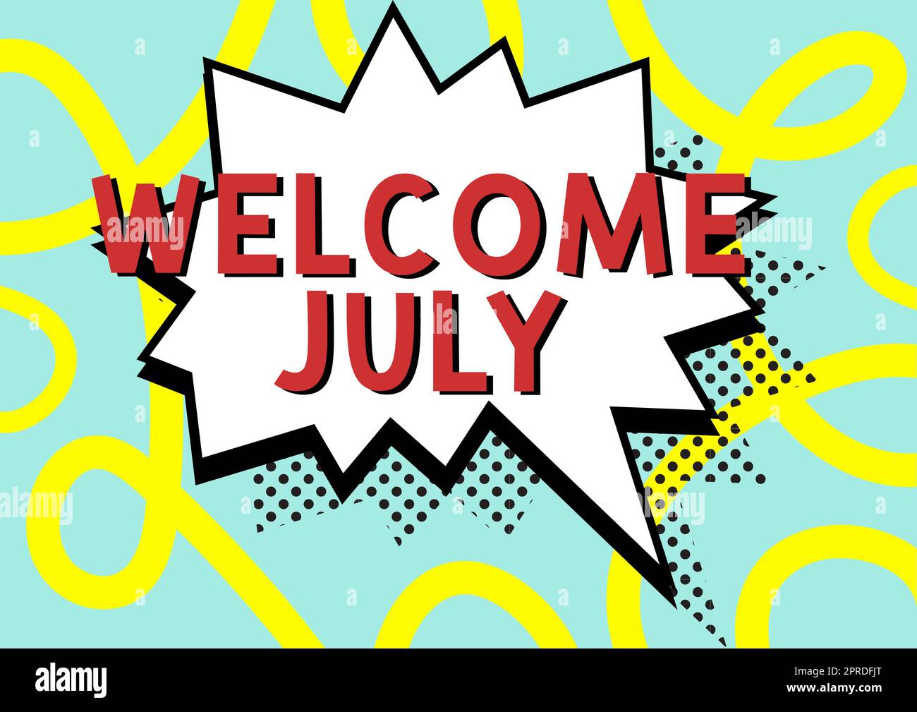 Ispirazione mostra segno benvenuto luglio. Word Written on Calendar Settimo mese 31 giorni terza stagione Comic Blank Speech Bubble in forma di Bang per le chat sui social media. Foto Stock