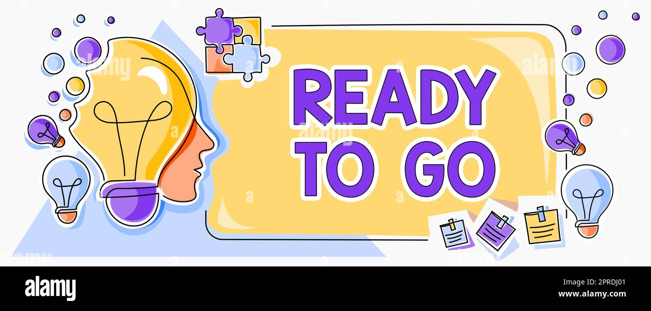 Testo di scrittura a mano pronto per l'uso. Internet Concept sei pronto per la futura missione di viaggio inizia Man with Light Bulbs and Puzzle Pieces Around Thinking New Ideas. Foto Stock