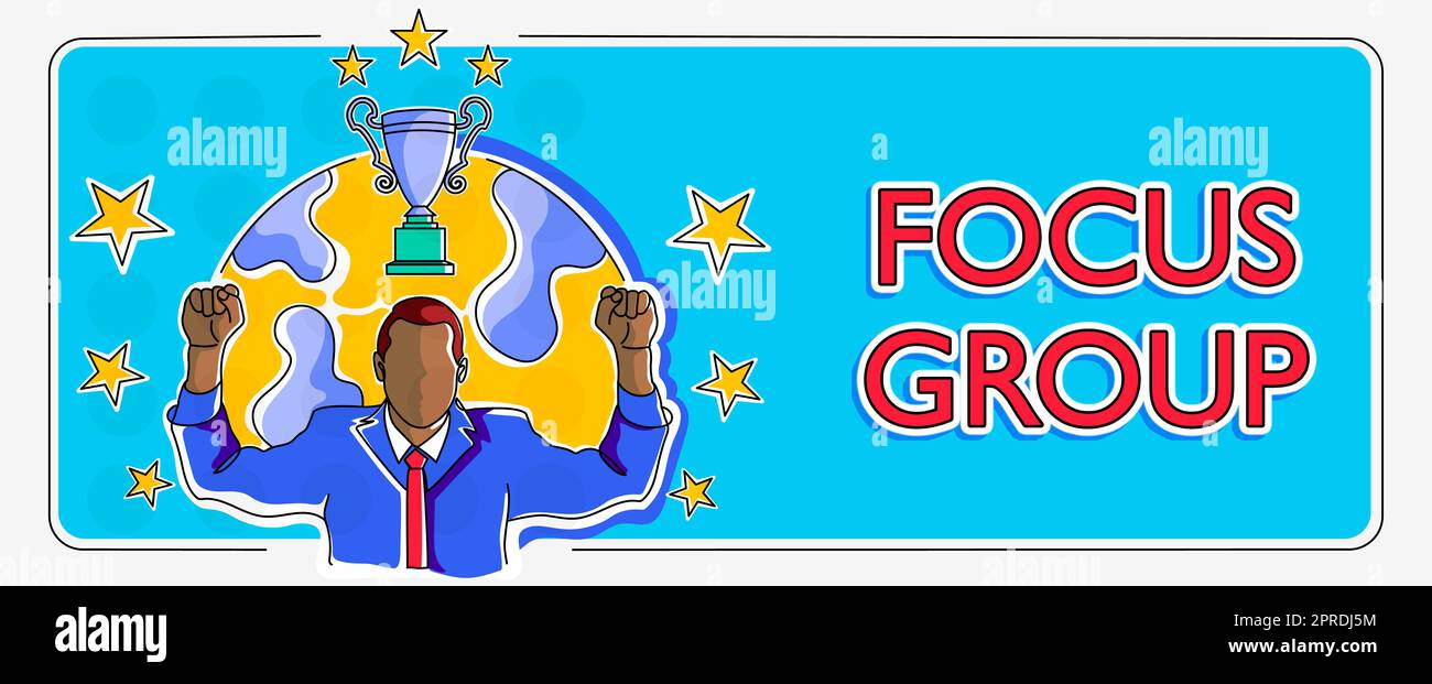Gruppo Focus didascalia concettuale. Word scritta su mostra riunita per partecipare alla discussione su qualcosa di un uomo d'affari che celebra il successo del raggiungimento degli obiettivi del progetto. Foto Stock