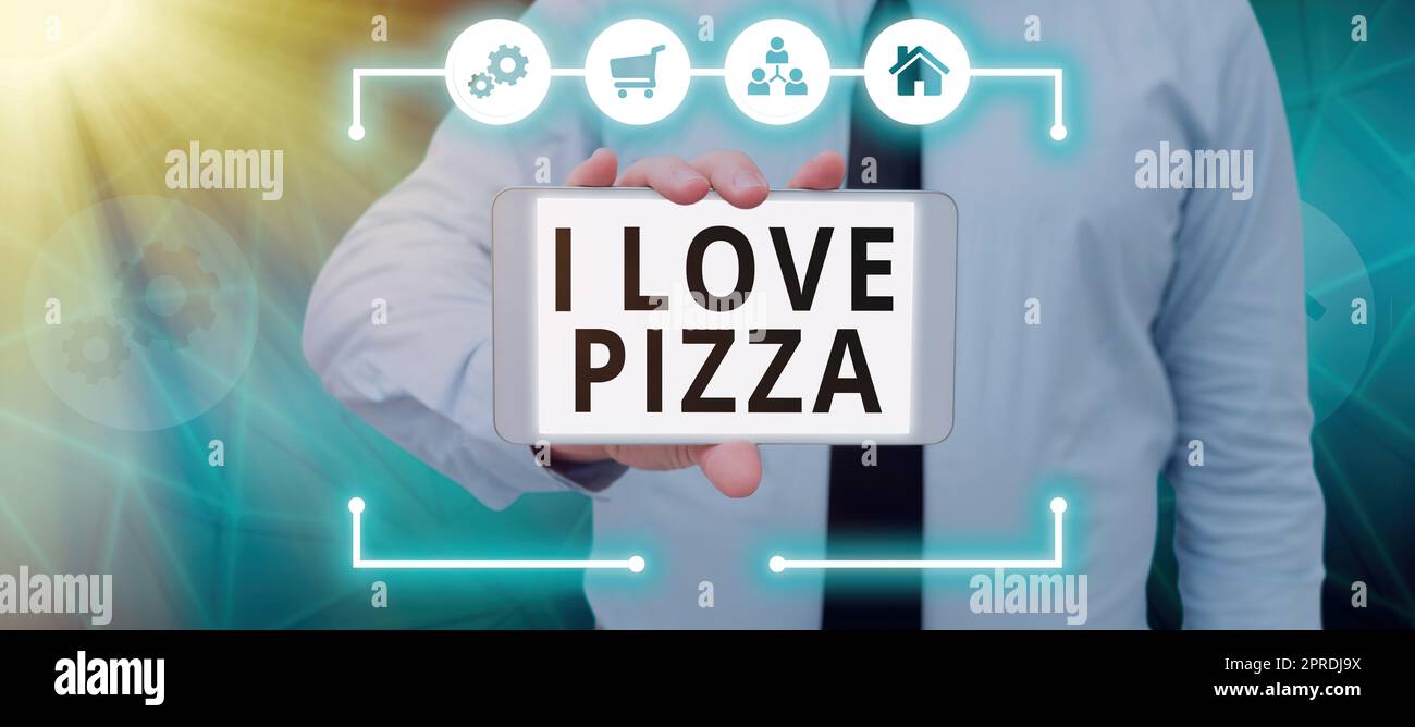 Didascalia concettuale i Love Pizza. Business concept per apprezzare molto il cibo italiano con formaggio prosciutto peperoni in fette, uomo d'affari che preme sulle impronte digitali e presenta grafici dei dati. Foto Stock