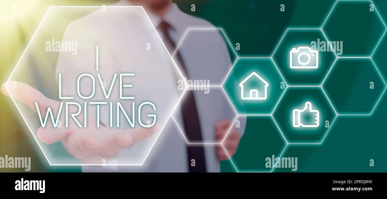 Didascalia concettuale Io amo la scrittura. Concetto che significa affetto per la creazione di riviste romanzi autore ispiratore Foto Stock