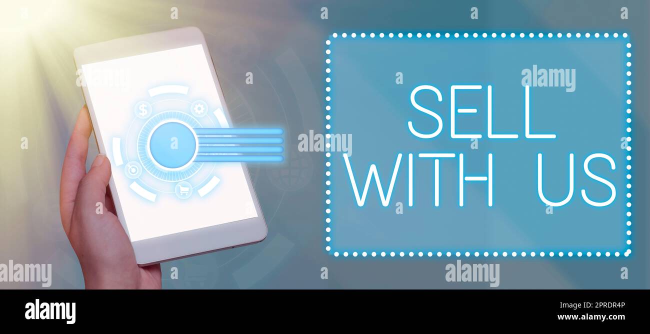 Vendita di didascalie concettuali con noi. Business idea piattaforma di vendita online alla ricerca di un commerciante di commercio elettronico che possiede Un tablet con simboli digitali per le presentazioni. Foto Stock