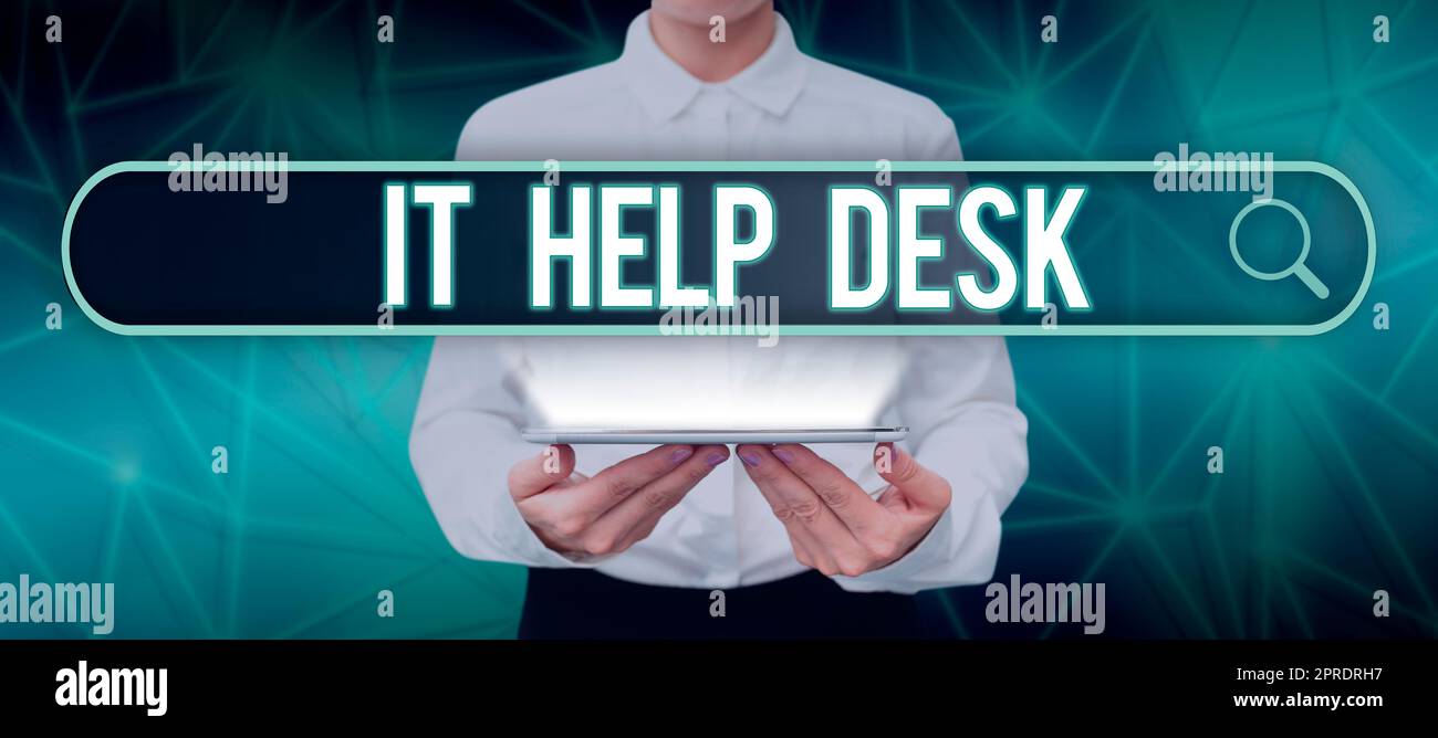 Didascalia concettuale IT Help Desk. Business Concept assistenza online che aiuta a mostrare con la tecnologia donna con tablet che presenta la barra di ricerca digitale con nuove strategie. Foto Stock