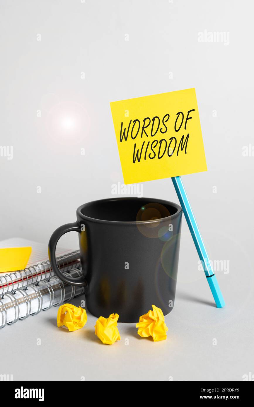 Mostra concettuale Words of Wisdom. Concetto significa che l'esperto consiglia l'orientamento di una persona con conoscenza Signora in abito che tiene la penna a simboleggiare i risultati del lavoro di squadra di successo. Foto Stock