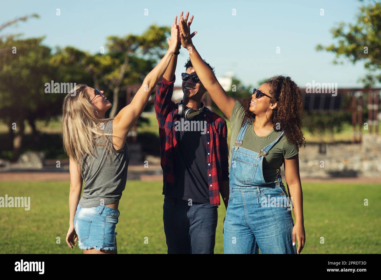 Un gruppo di giovani amici allegri che si danno a vicenda un alto numero di five all'aperto in un parco. Foto Stock