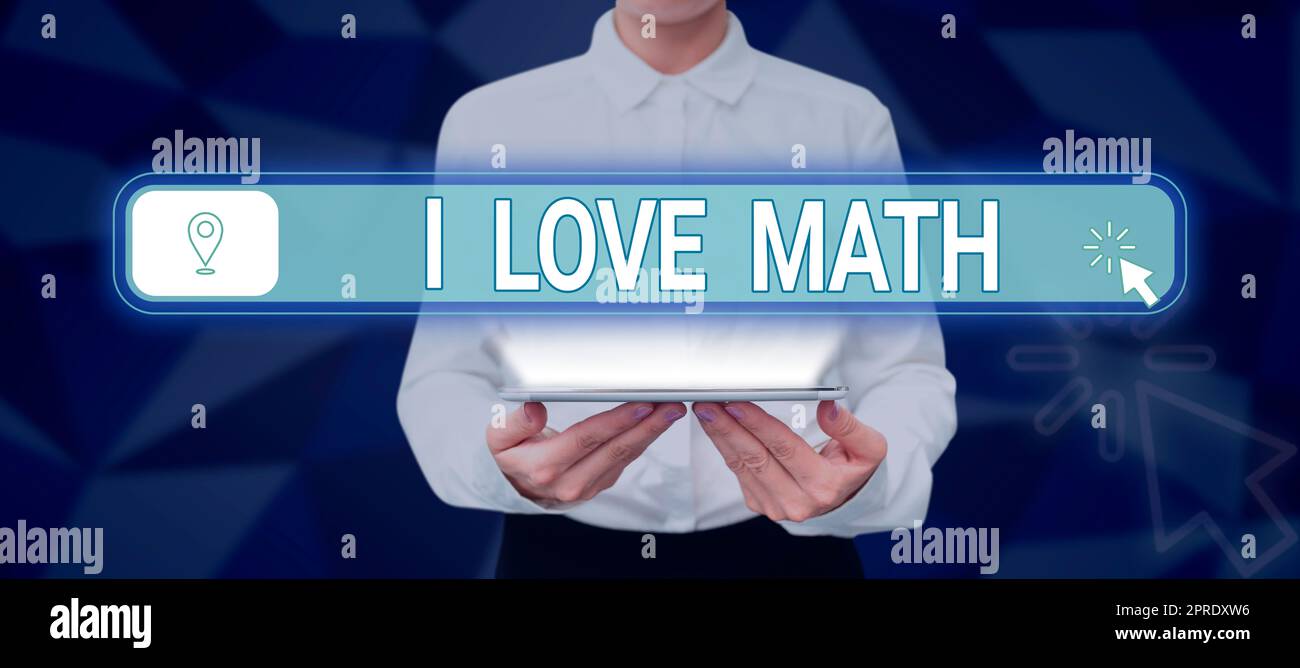 Didascalia concettuale i Love Math. Il concetto di business per apprezzare molto fare calcoli matematica Number Geek Person Man con Un cellulare che presenta strategie per lo sviluppo aziendale. Foto Stock