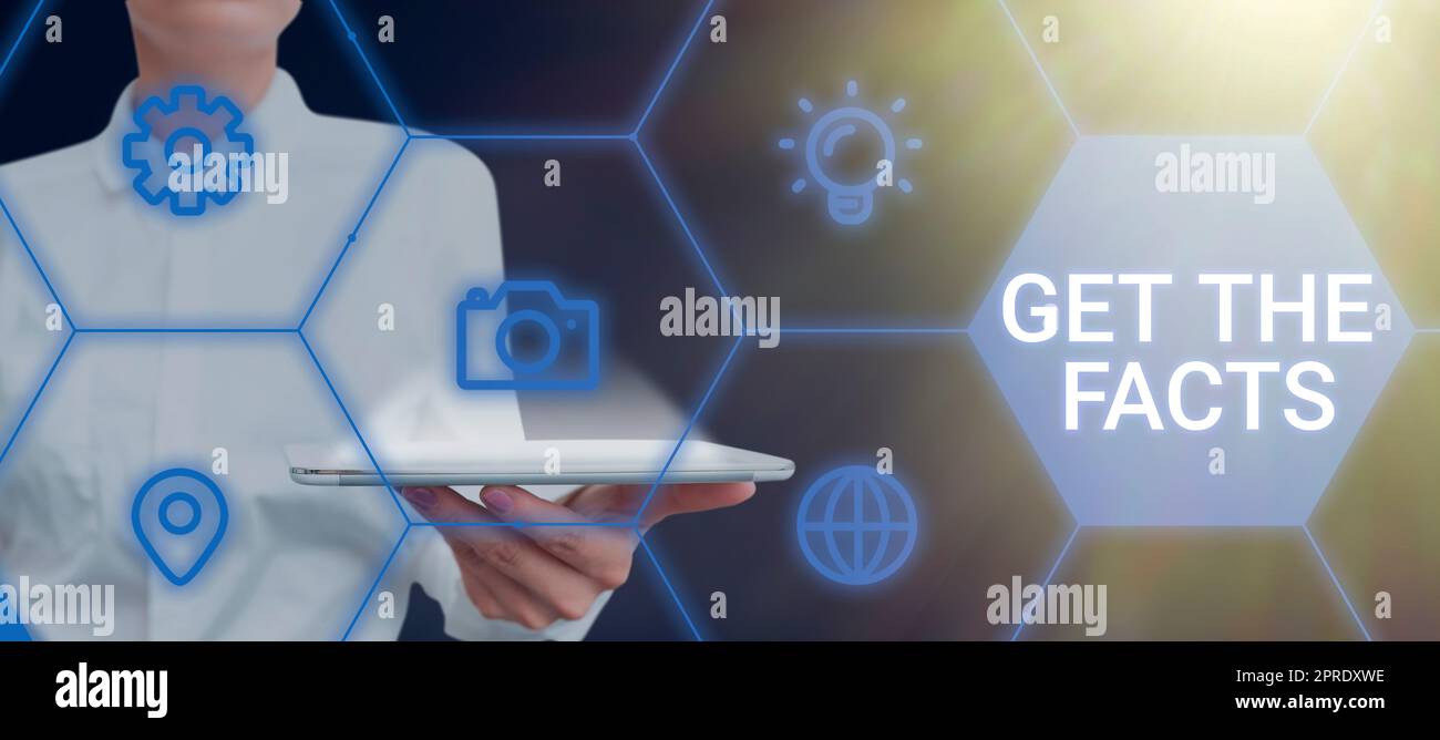 Scrittura visualizzazione testo Get the Facts. La parola per cercare la verità di certi eventi evidenzia le informazioni Foto Stock