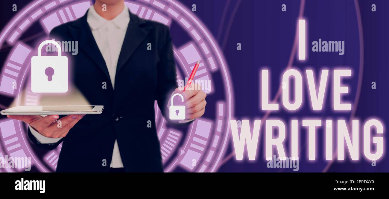 Didascalia concettuale Io amo la scrittura. Parola per affetto per la creazione di romanzi riviste autore ispiratore Foto Stock