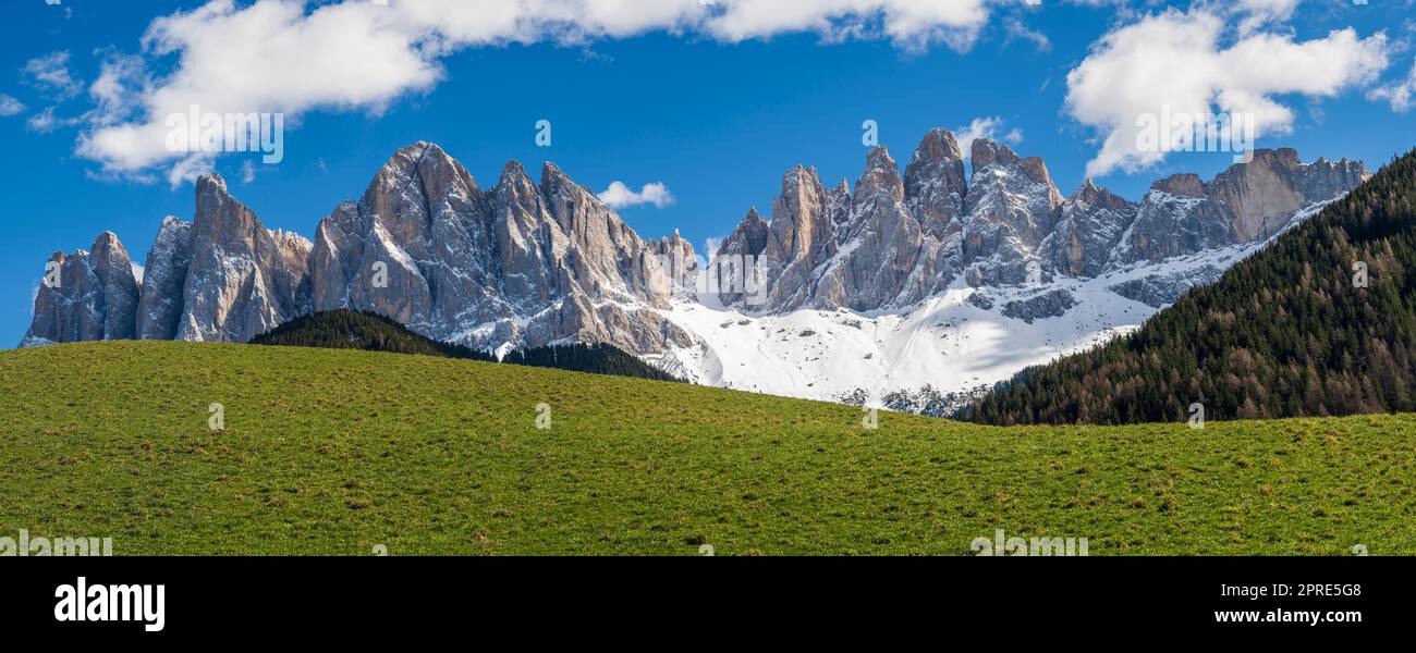 Gruppo montuoso Odle (Geislergruppe), Dolomiti, Villnoss-Funes, Trentino-Alto Adige/Sudtirol, Italia Foto Stock