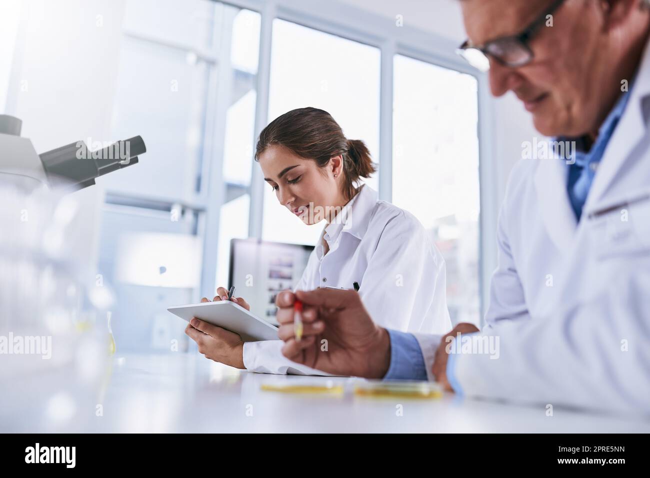 Tecnologia avanzata per migliorare le scienze. Due scienziati che lavorano in un laboratorio. Foto Stock