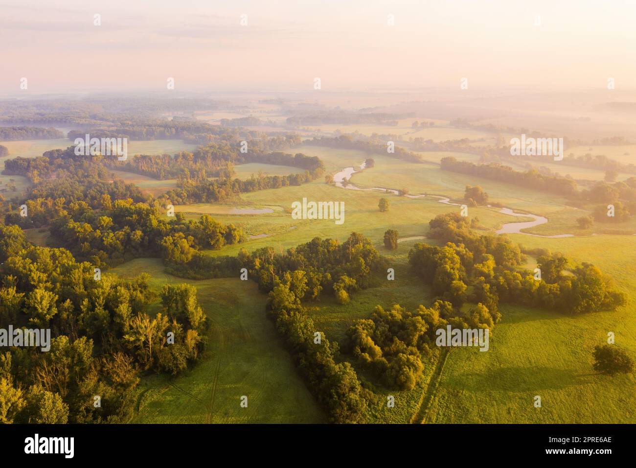 Scenario naturale con pianure alluvionali e foreste ripariali illuminate dal sole del mattino Foto Stock