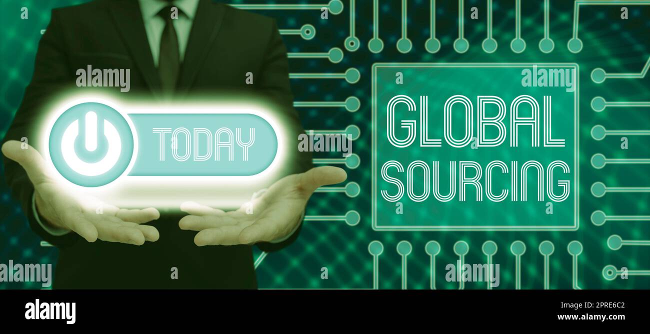 Visualizzazione concettuale SourcingPractice globale di sourcing dal mercato globale per le merci, pratica concettuale di Internet di sourcing dal mercato globale Foto Stock