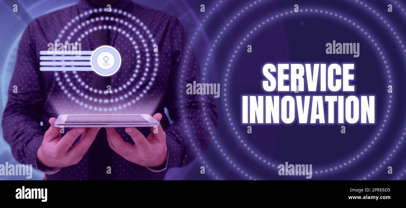 Mostra di segno innovazione di Service i servizi di linea di prodotto non provati introducono la tendenza imminente, idea di affari i servizi di linea di prodotto migliorati introducono upco Foto Stock