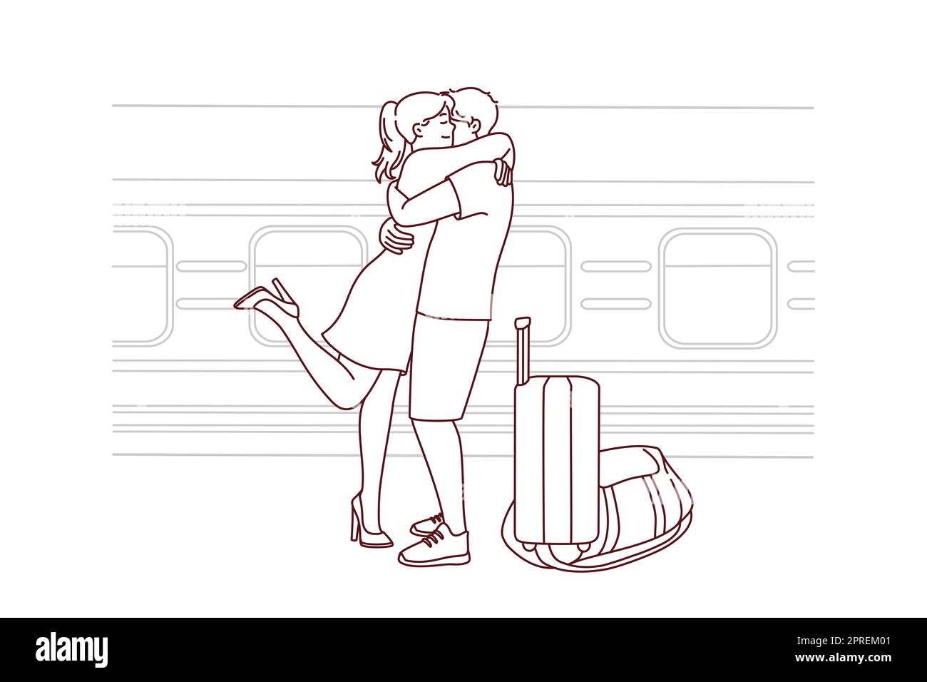 Felice coppia abbraccio incontro alla stazione ferroviaria. Ragazza sorridente abbraccio ragazzo benvenuto vicino al treno. Rapporto a lunga distanza. Illustrazione vettoriale. Foto Stock