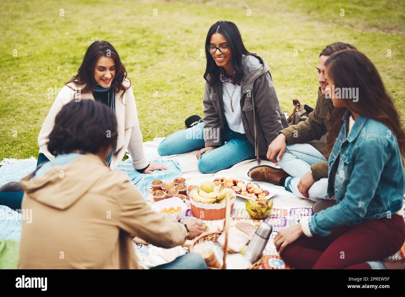 Chi ha bisogno di una ricarica. Un gruppo di giovani amici allegri che hanno un picnic insieme all'esterno in un parco durante il giorno. Foto Stock