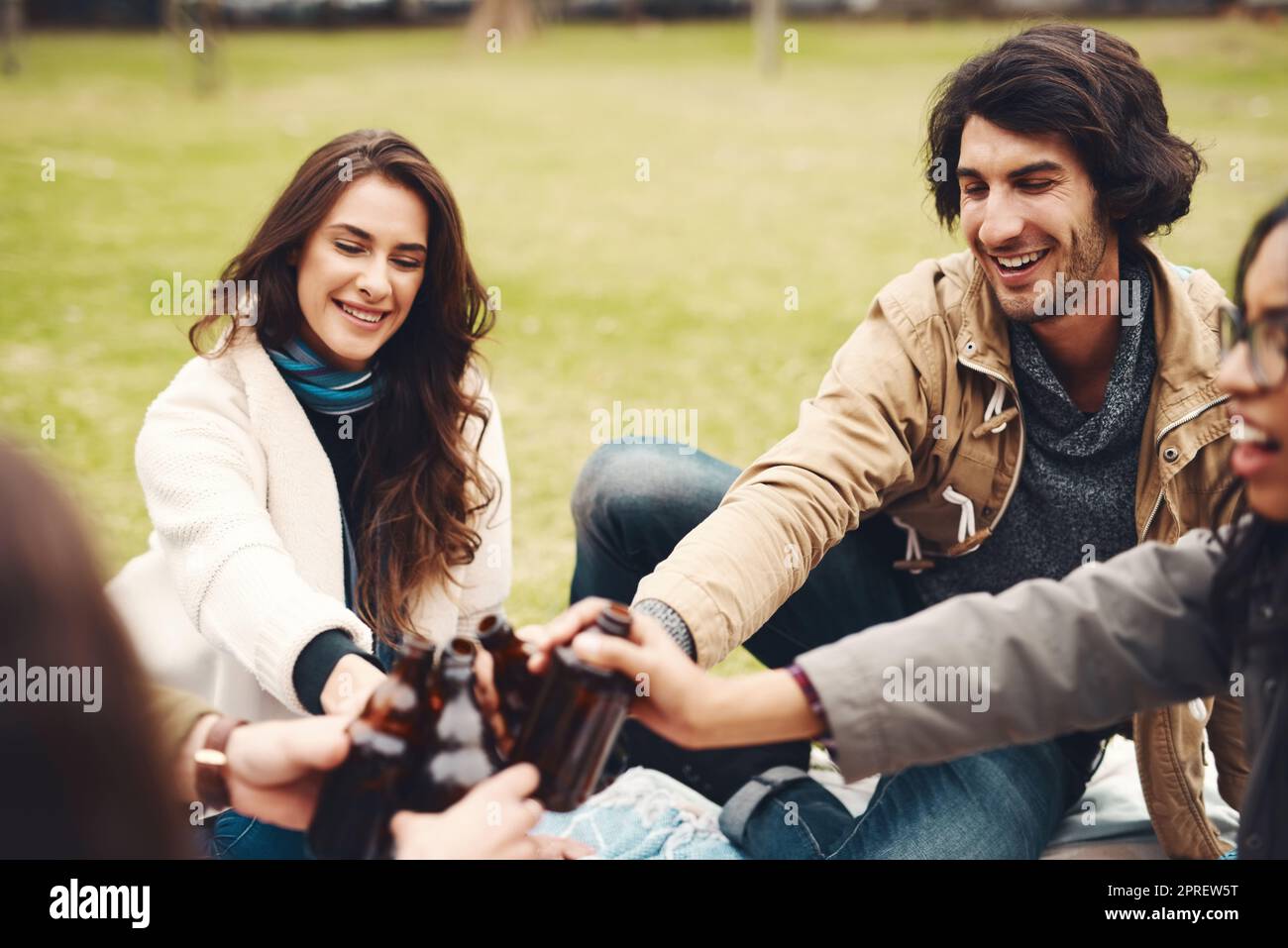Heres a molti altri ricordi insieme. un gruppo di giovani amici allegri che fanno un picnic insieme mentre festeggiano con un brindisi all'aperto in un parco durante il giorno. Foto Stock