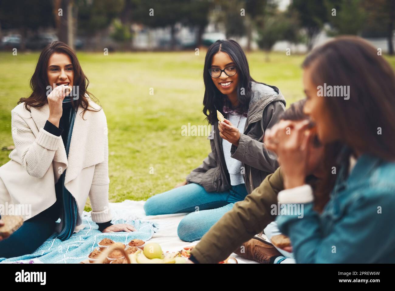 Che cosa è l'ultimo pettegolezzo. Un gruppo di giovani amici allegri che hanno un picnic insieme fuori in un parco durante il giorno. Foto Stock