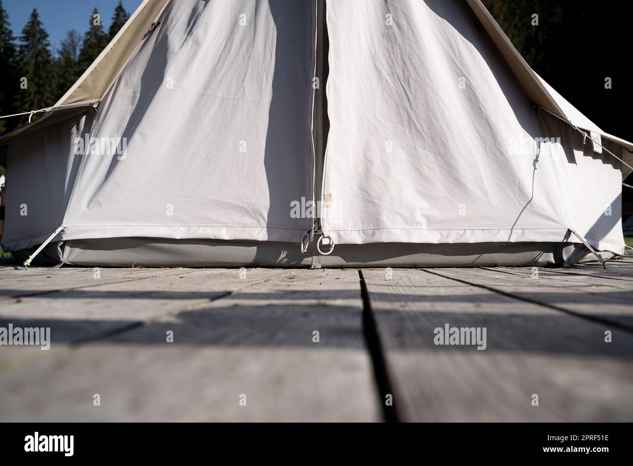 primo piano della tenda glamping ingresso in tessuto bianco su ponte di legno in prato verde circondato da una foresta di abeti Foto Stock