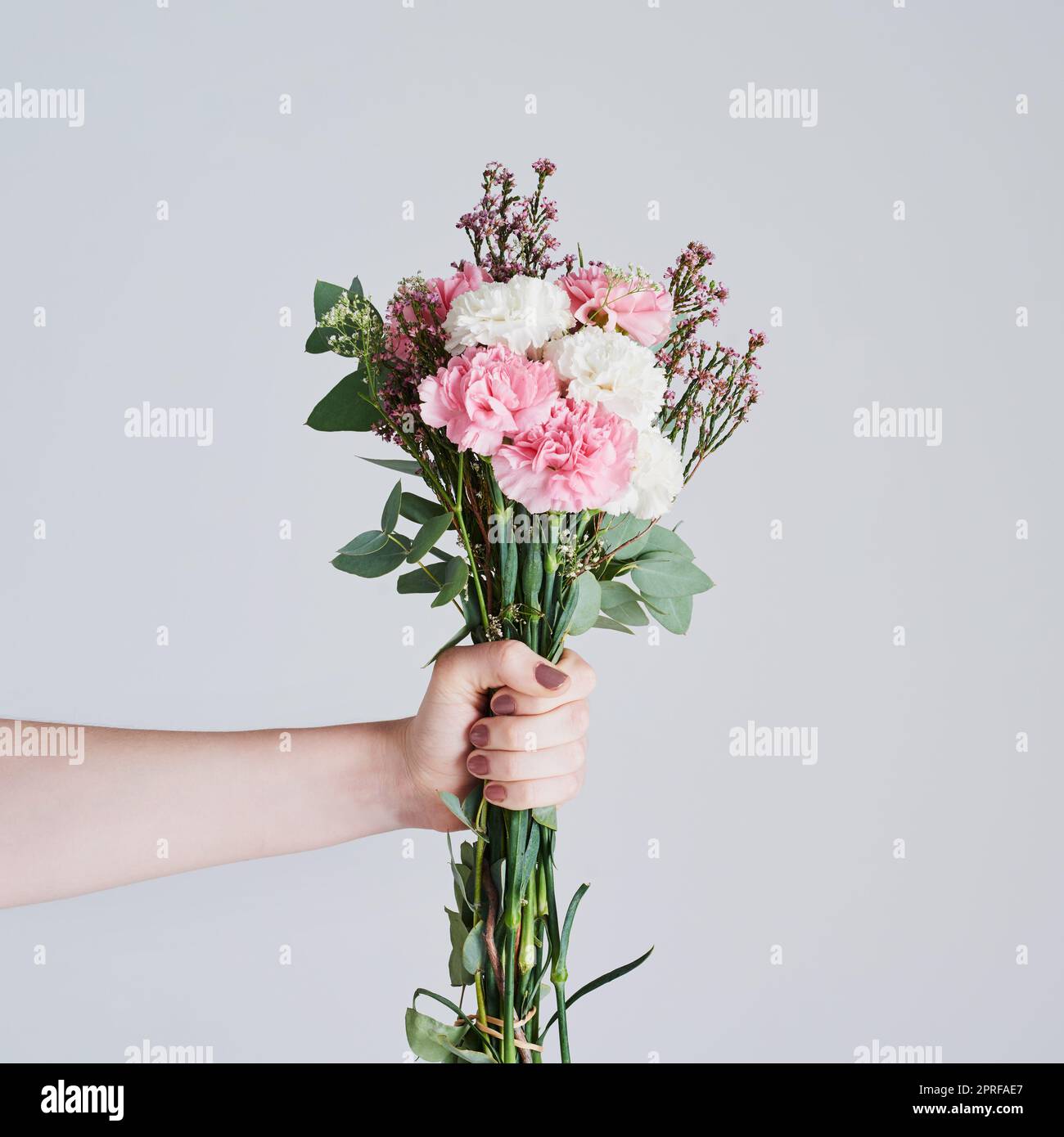 Lasciatemi fiorire la vostra giornata. Studio shot di una donna irriconoscibile che tiene un mazzo di fiori su uno sfondo grigio. Foto Stock