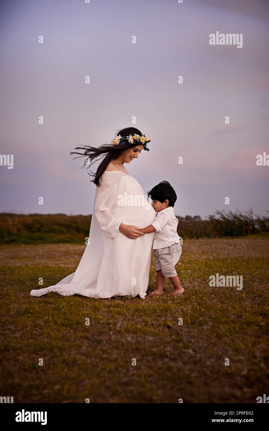 Tu sei i miei due fiori su un solo ramo: Un figlio che tiene e bacia le sue giovani madri pancia incinta all'aperto. Foto Stock