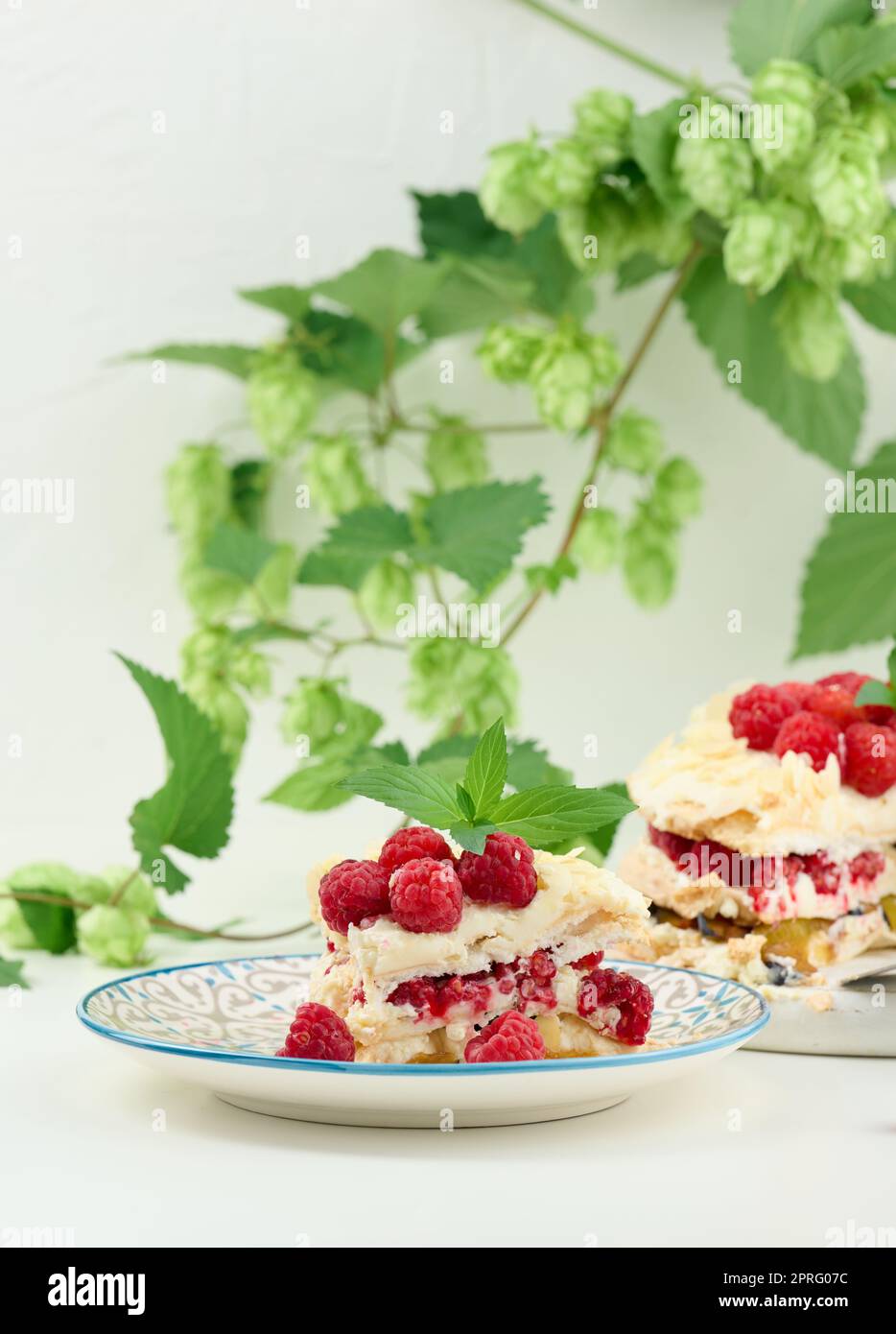 Torta di meringa rotonda con lamponi freschi su sfondo bianco, Pavlova dessert Foto Stock