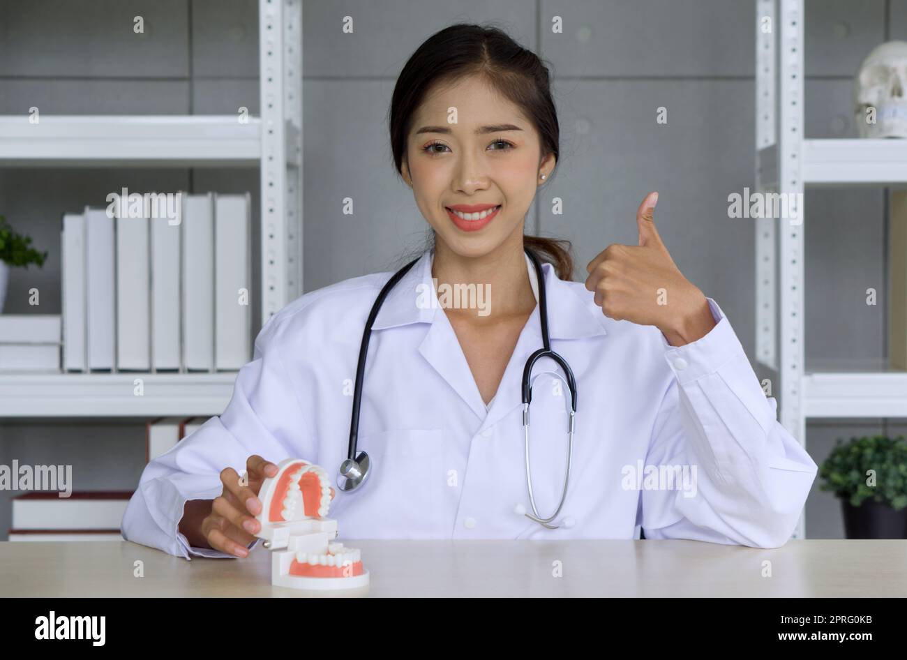 Giovane dentista asiatica in abito bianco e stetoscopio sorridente, alzate il pollice mentre mostrate il modello di denti su un tavolo di legno. Concetto di sanità e medicina. Foto Stock