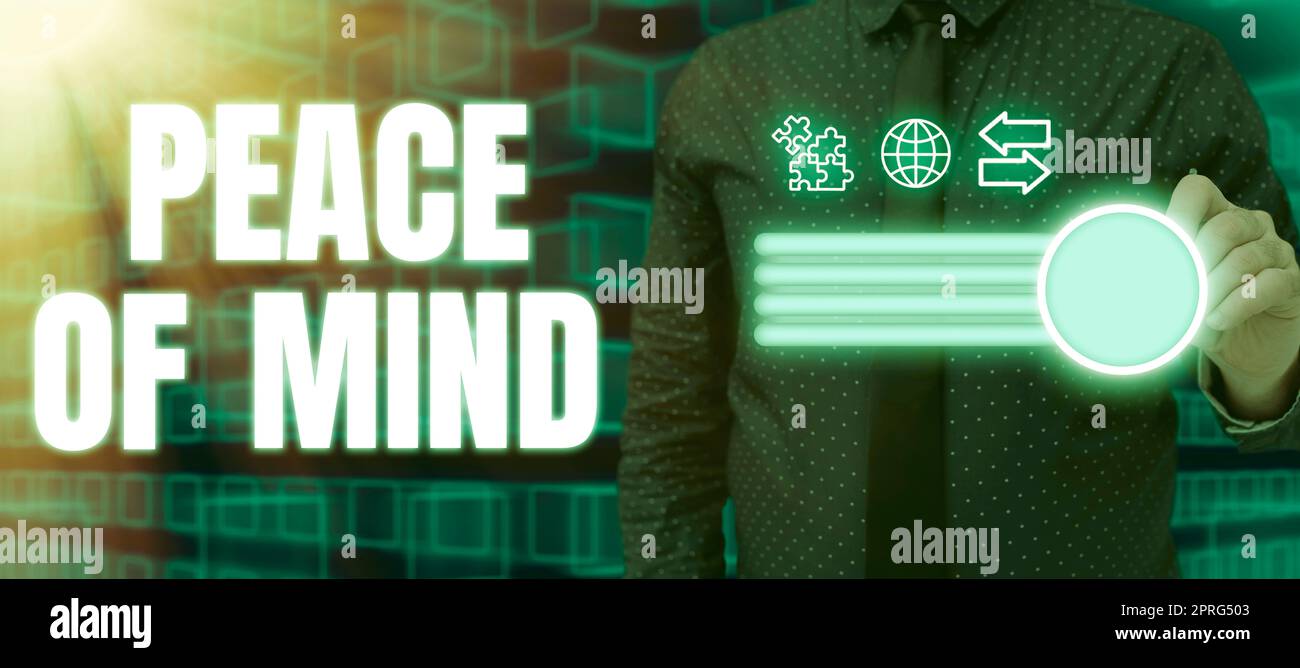 Ispirazione mostrando segno Pace della mente. Parola scritta sopra per essere pacifico felice con le cose che avete fatto e compite Foto Stock