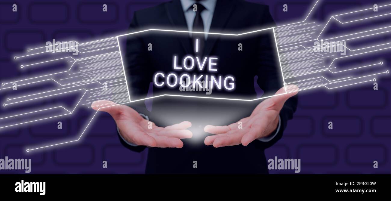 Segno che mostra i Love Cooking. Parola per avere affetto per le arti culinarie preparare cibi e dessert Foto Stock