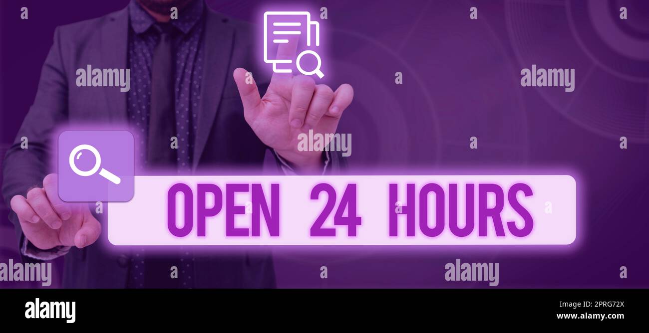 Testo che mostra l'ispirazione aperto 24 ore su 24. Parola scritta sul lavoro tutto il giorno negozio aziendale sempre operativo Speech Bubble con informazioni importanti poste in prima linea. Foto Stock