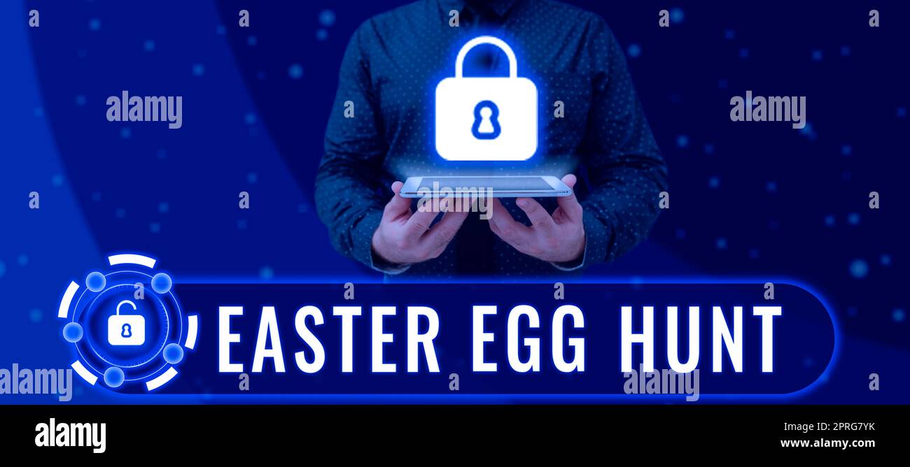Ispirazione mostrando segno Easter Egg Hunt. Approccio aziendale la ricerca di speciali occasioni di stagione presenta la tradizione primaverile Foto Stock