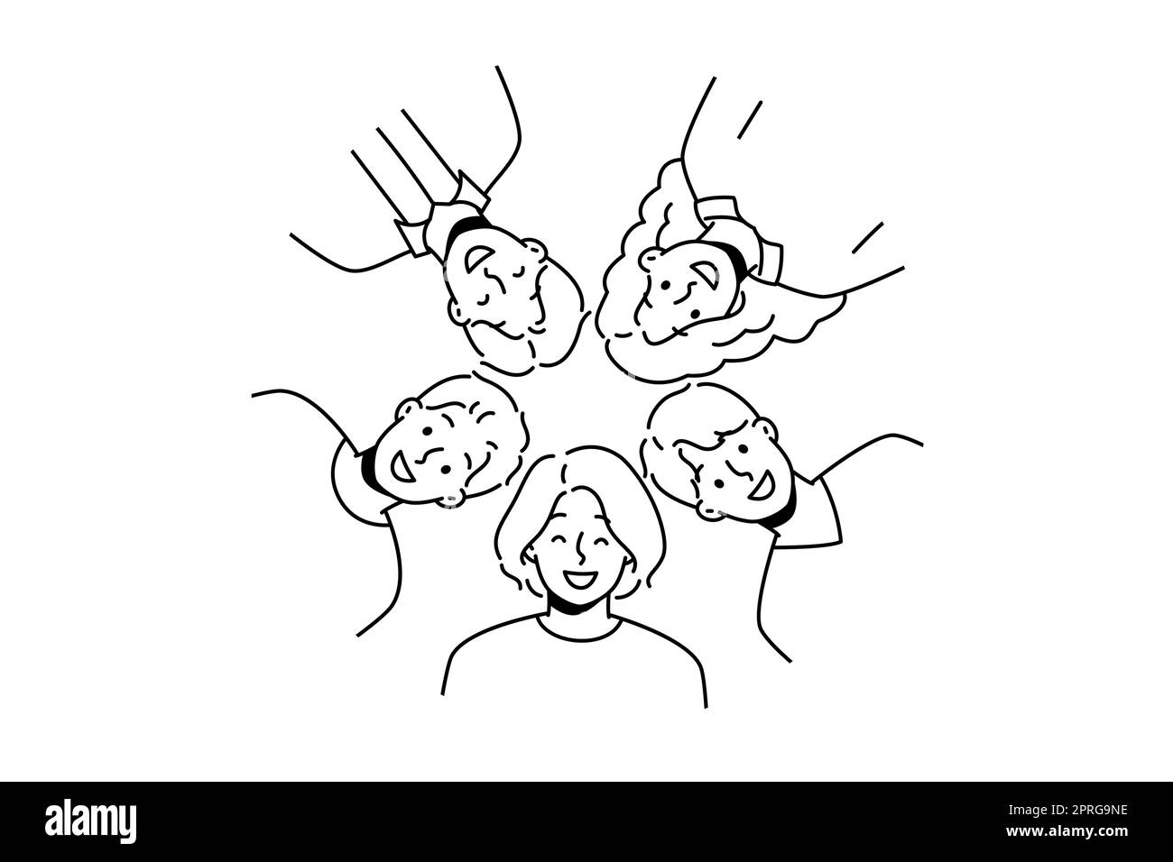 Ritratto di amici diversi sorridenti che si posano insieme in cerchio. L'immagine di gruppo di persone multirazziali felici mostra unità e amicizia. Rapporto di illustrazione del vettore Foto Stock Ritratto di amici diversi sorridenti che si posano insieme in cerchio. L'immagine di gruppo di persone multirazziali felici mostra unità e amicizia. Rapporto di illustrazione del vettore Foto Stock