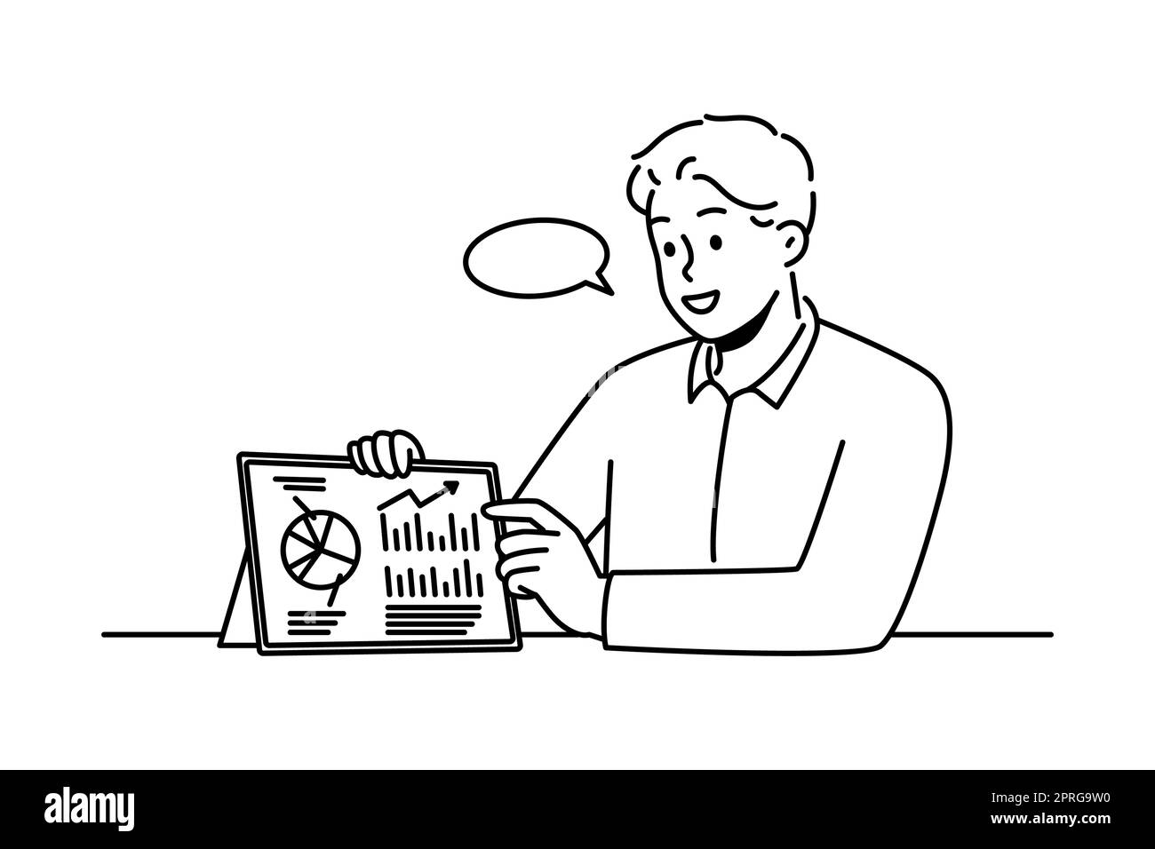 Uomo d'affari che mostra la presentazione sul dispositivo PAD. Sorridente allenatore o allenatore maschile presentare un progetto di business finanziario su tablet. Illustrazione vettoriale. Foto Stock