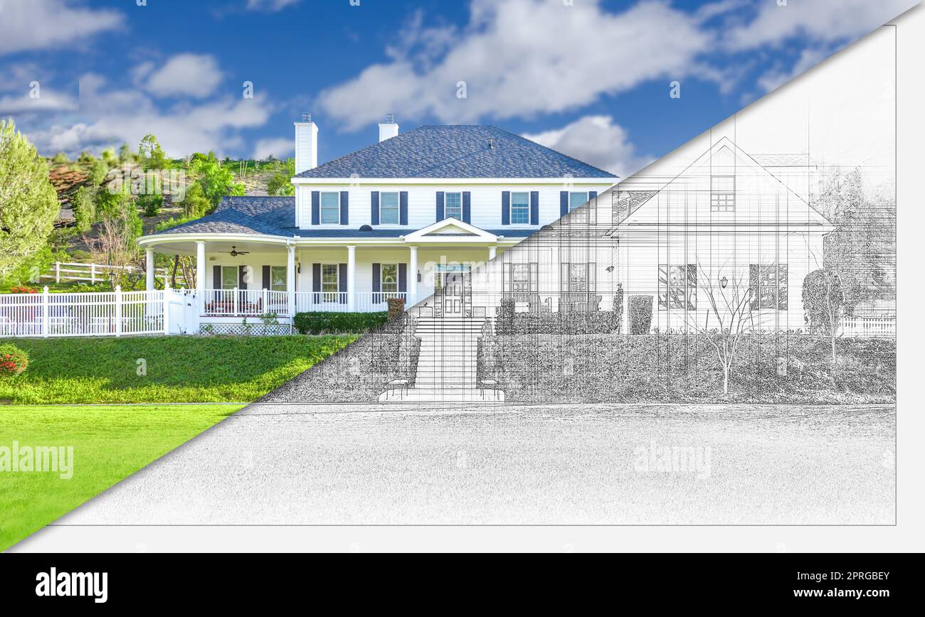 Prima e dopo di disegno di Blueprint della Casa personalizzata alla costruzione finita. Foto Stock