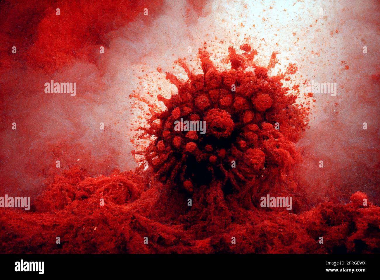 Cellule simboliche del virus rosso del coronavirus 3D sfondo illustrativo Foto Stock