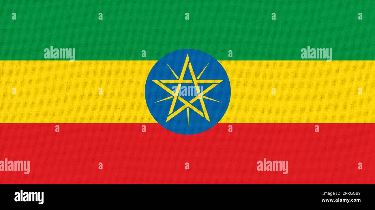 Bandiera dell'Etiopia. Bandiera del paese africano Etiopia sulla superficie del tessuto Foto Stock