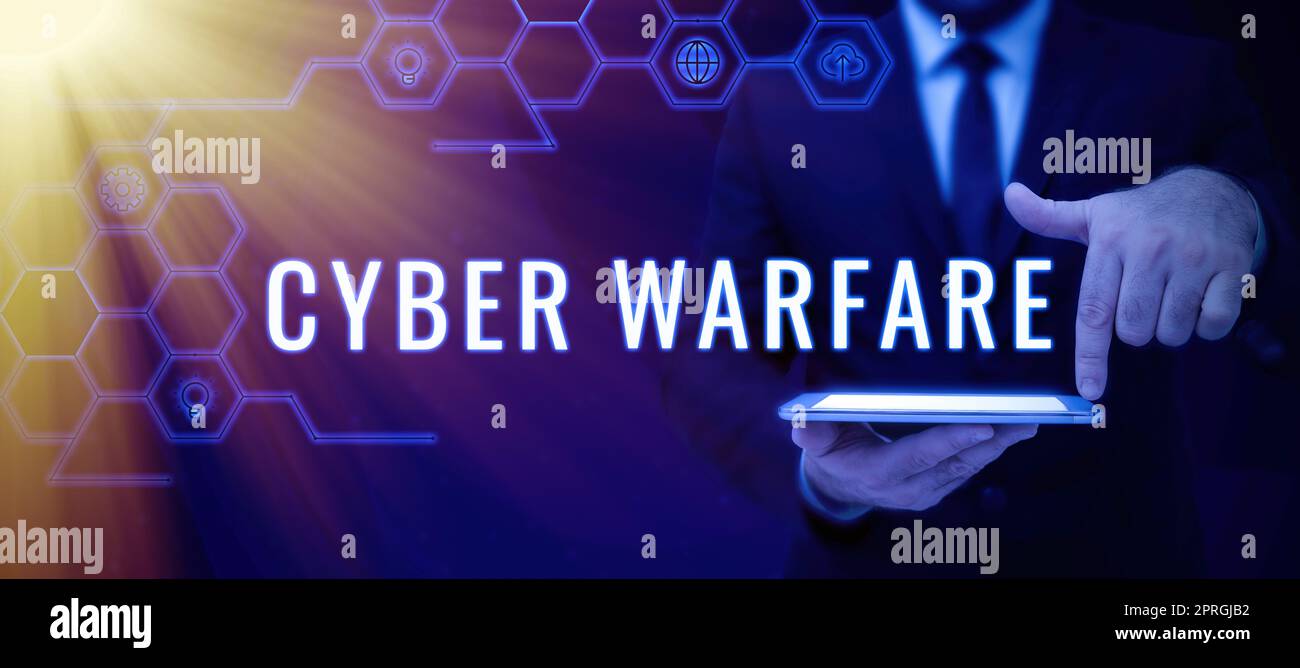 Scrittura di testo Cyber Warfare, vetrina aziendale Hackers di guerra virtuale attacchi di sistema Ladro digitale Stalker Foto Stock