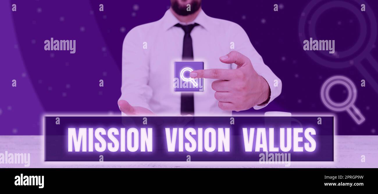 Ispirazione che mostra i valori di Mission Vision segno, Word scritto sul profilo aziendale obiettivo e dichiarazione di cura Foto Stock
