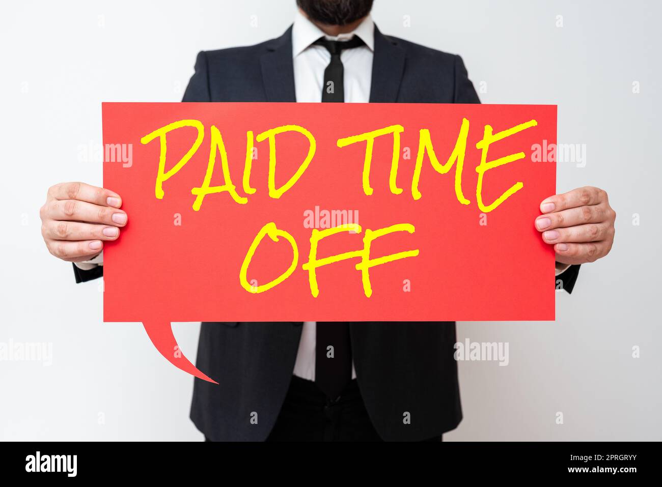 L'ispirazione mostra il segno ha pagato il tempo libero. Internet Concept ricezione di pagamenti per non i momenti in cui non si lavora con un uomo d'affari che tiene in mano un tablet che simboleggia il successo del lavoro di squadra. Foto Stock