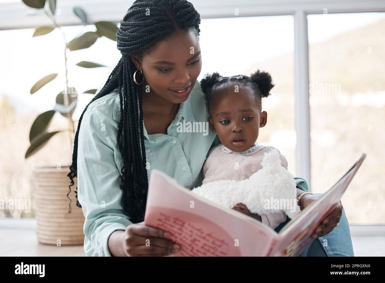 La maternità è un viaggio magico. una donna che legge un libro a sua figlia mentre si siede a casa Foto Stock