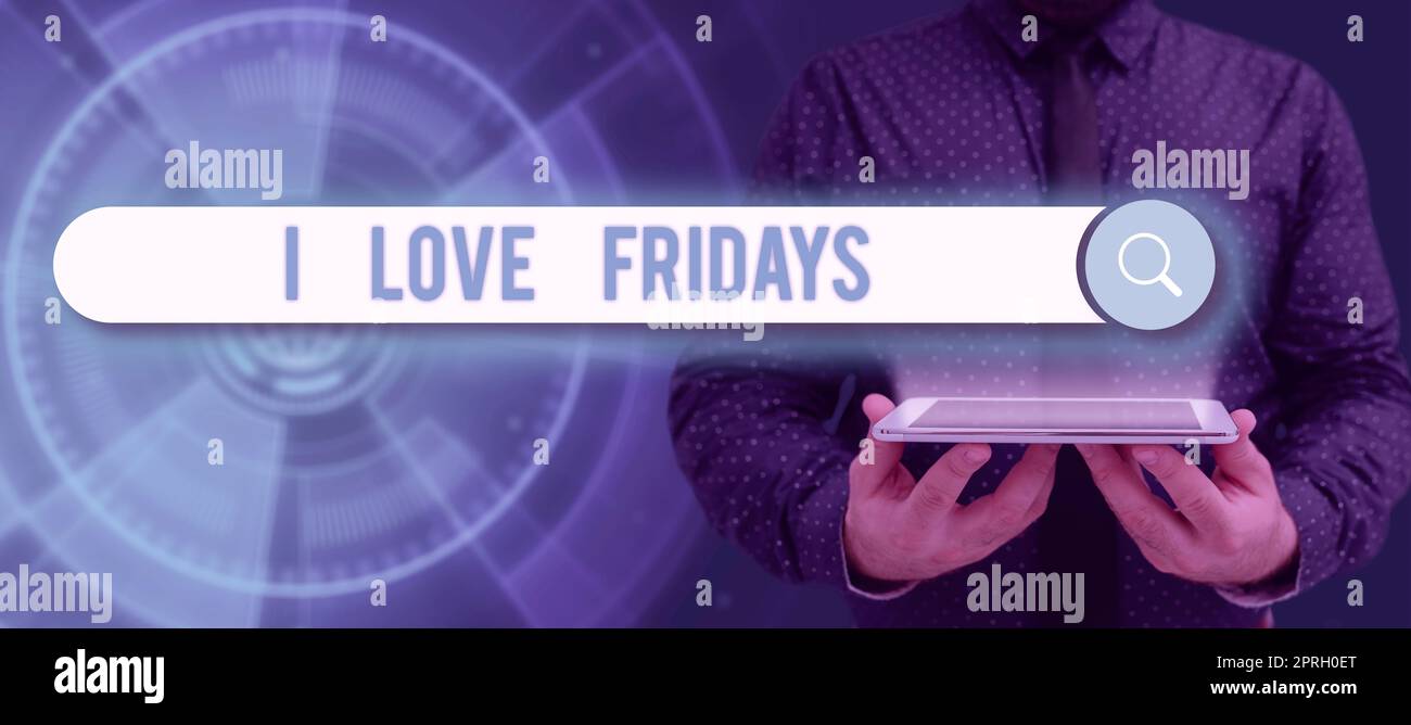 Segno di testo che mostra i Love Fridays. Parola scritta sull'affetto per l'inizio del fine settimana godere giorni fuori Foto Stock