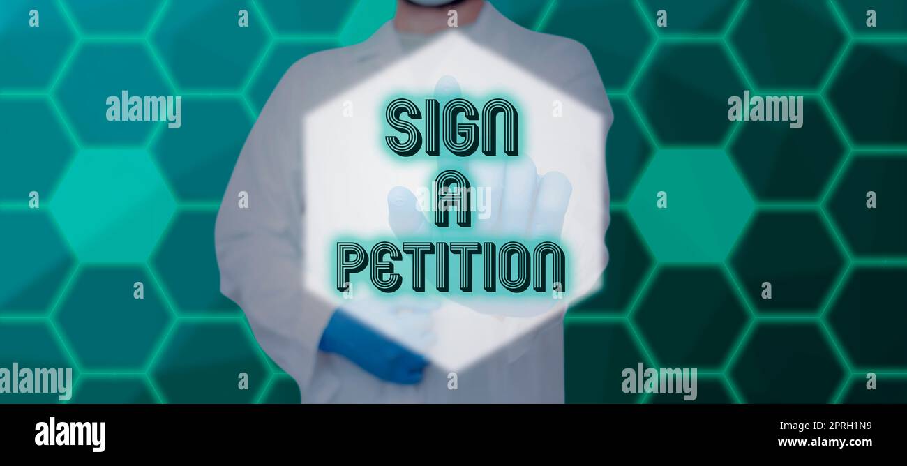 Didascalia concettuale firma una petizione. Approccio aziendale supporta una causa firmando un documento con un accordo Man in Suit che presenta simboli digitali per le aziende. Foto Stock