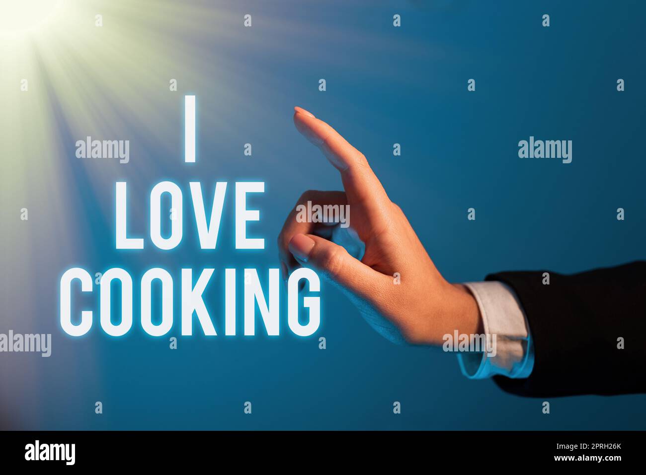 Cartello con i Love Cooking. Business Concept con affetto per le arti culinarie, prepara cibi e dessert, uomo d'affari in abito con un blocco note che simboleggia il successo del lavoro di squadra. Foto Stock