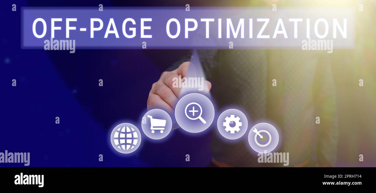 Segno che mostra fuori ottimizzazione della pagina, foto concettuale Sito web processo esterno metodo promozionale Ranking Foto Stock