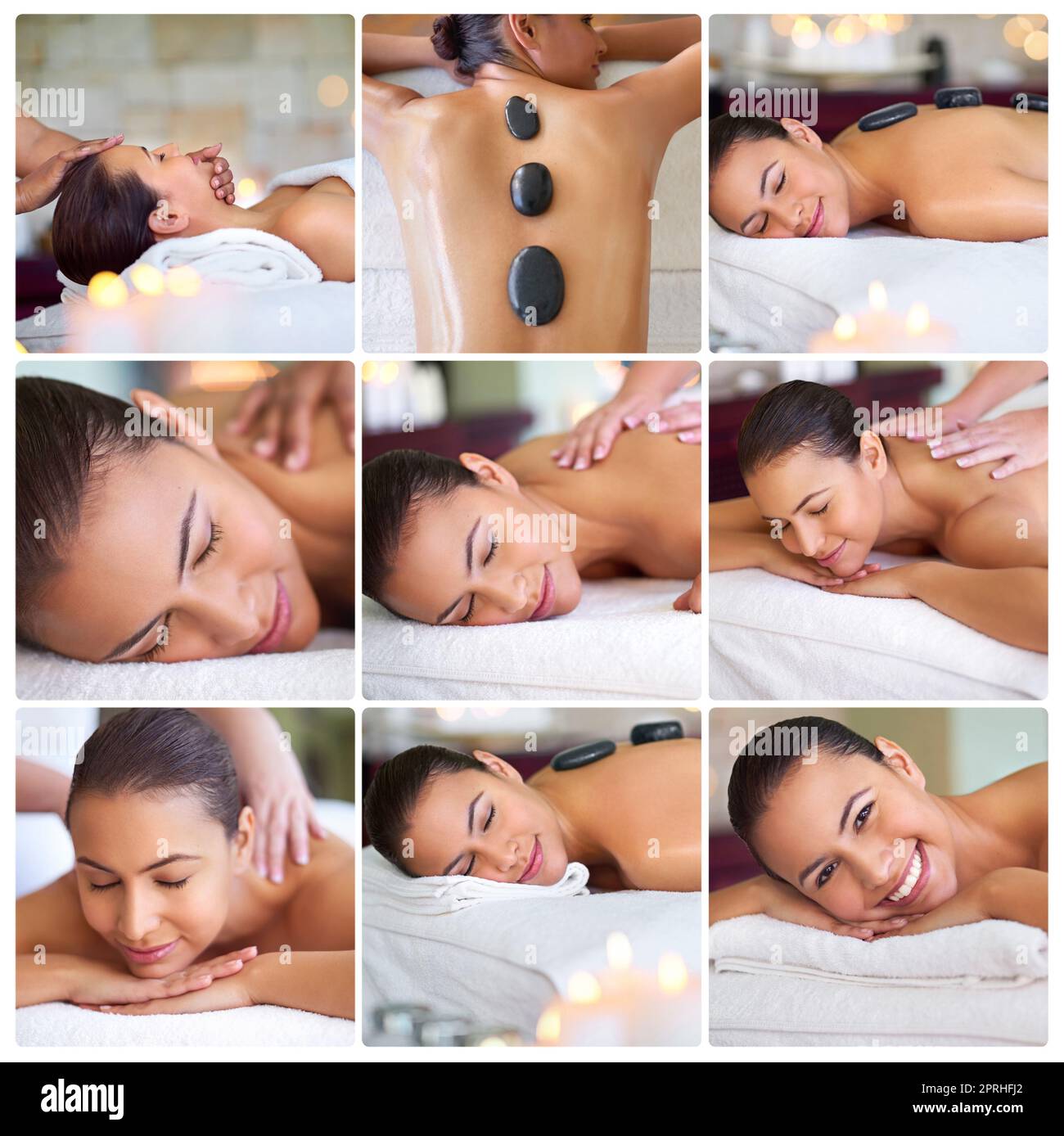 Concedetevi una giornata di tranquillità. Immagine composita di un'attraente giovane donna sdraiata su un lettino da massaggio presso la spa. Foto Stock